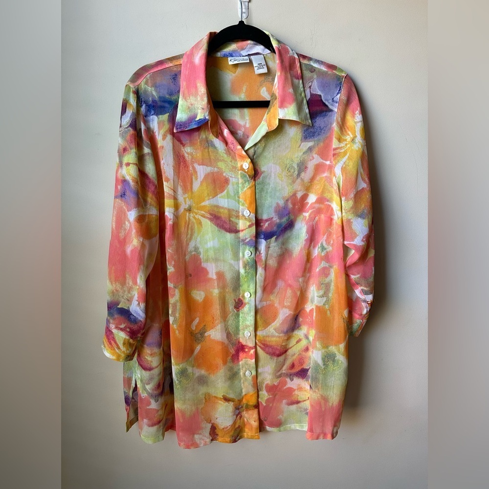 Kim Rogers Blouse Women Sz 18W Orange Floral 3/4 Sleeve V Neck Button